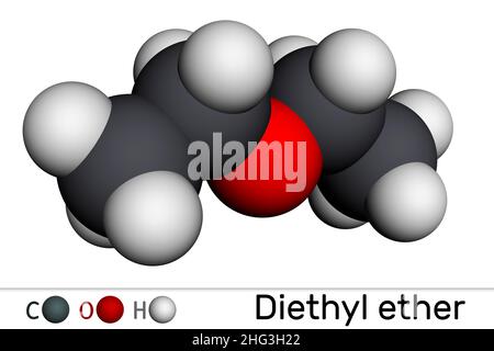 Éther diéthylique, molécule d'éther éthylique.C'est un éther dans lequel l'atome d'oxygène est lié à deux groupes d'éthyle.Modèle moléculaire.3D rendu.Rapport d'éclairage Banque D'Images
