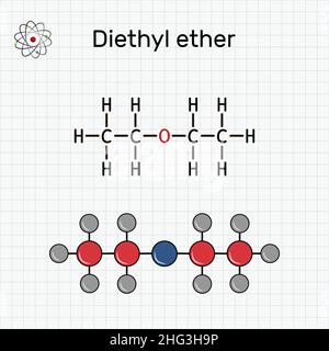 Éther diéthylique, molécule d'éther éthylique.C'est un éther dans lequel l'atome d'oxygène est lié à deux groupes d'éthyle.Formule chimique structurale et molécule m Illustration de Vecteur