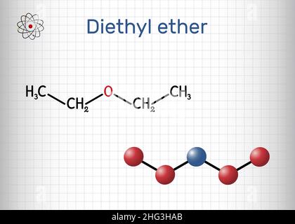 Éther diéthylique, molécule d'éther éthylique.C'est un éther dans lequel l'atome d'oxygène est lié à deux groupes d'éthyle.Formule chimique structurelle, mode molécule Illustration de Vecteur