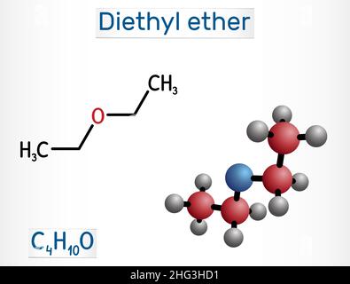 Éther diéthylique, molécule d'éther éthylique.C'est un éther dans lequel l'atome d'oxygène est lié à deux groupes d'éthyle.Formule chimique structurale et molécule m Illustration de Vecteur