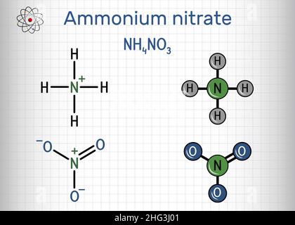 Nitrate d'ammonium, molécule NH4NO3.C'est le sel d'ammonium de l'acide nitrique.Utilisé pour fabriquer des engrais et des explosifs, dans la production d'antibiotiques et de levure.SH Illustration de Vecteur