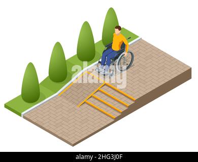 Rampe isométrique pour l'entrée en fauteuil roulant.Rampe d'accès pour soutenir les personnes handicapées en fauteuil roulant Illustration de Vecteur