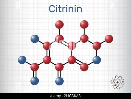 Molécule de citrinine.Il s'agit d'un antibiotique et d'une mycotoxine de Penicillium citrinum.Modèle de molécule.Feuille de papier dans une cage.Illustration vectorielle Illustration de Vecteur