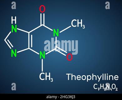 Molécule de théophylline ou de 1,3-diméthylxanthine.Alcaloïde purine, diméthylxanthine, dérivé xanthine.Vasodilatateur, asthmatique, antiinflammatoire. Illustration de Vecteur