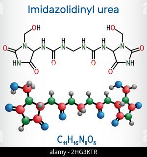 Imidazolidinyl urée, molécule d'imidurée.Il s'agit d'un agent de conservation antimicrobien utilisé dans les cosmétiques, un agent de libération de formaldéhyde.Formule chimique structurelle, molecu Illustration de Vecteur