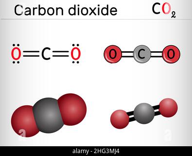 Dioxyde de carbone, molécule CO2.Il s'agit de l'anhydride carbonique, composé à un carbone dans lequel le carbone est attaché à chaque atome d'oxygène par double liaison.Structure Illustration de Vecteur