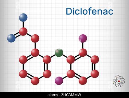 La molécule de Diclofenac est un médicament anti-inflammatoire non stéroïdien NSAID.Formule chimique structurelle et modèle moléculaire.Feuille de papier dans une cage.VE Illustration de Vecteur