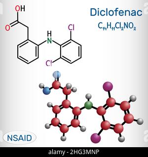 Molécule, le diclofénac est un anti-inflammatoire non stéroïdien (AINS) médicament. Formule chimique structurale et molécule modèle. Vector illustration Illustration de Vecteur