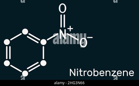 Molécule de nitrobenzène.Il est utilisé dans la fabrication de l'aniline, des colorants, des médicaments, des pesticides et du caoutchouc synthétique.Formule chimique squelettique à l'obscurité Banque D'Images