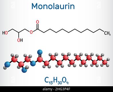 Monolaurine, monolaurate de glycérol, molécule de laurate de glycéryle.Il est monoglyceride et dodécanoate, utilisé comme surfactant dans les cosmétiques.Chimie structurelle Illustration de Vecteur