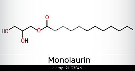 Monolaurine, monolaurate de glycérol, molécule de laurate de glycéryle.Il est monoglyceride et dodécanoate, utilisé comme surfactant dans les cosmétiques.Produit chimique squelettique Illustration de Vecteur