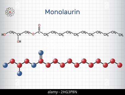 Monolaurine, monolaurate de glycérol, molécule de laurate de glycéryle.Il est monoglyceride et dodécanoate, utilisé comme surfactant dans les cosmétiques.Formule structurelle, Illustration de Vecteur