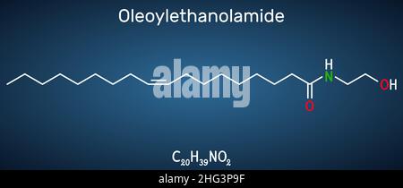 Oléoyléthanolamide, oléoyl éthanolamide, molécule d'OEA.C'est l'éthanolamide de l'acide oléique, analogue monoinsaturé de l'endocannabinoïde anandamide.Structure Illustration de Vecteur