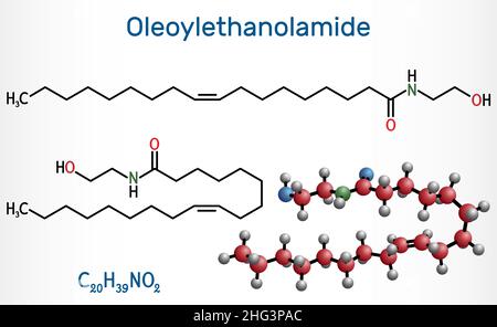 Oléoyléthanolamide, oléoyl éthanolamide, molécule d'OEA.C'est l'éthanolamide de l'acide oléique, analogue monoinsaturé de l'endocannabinoïde anandamide.Structure Illustration de Vecteur