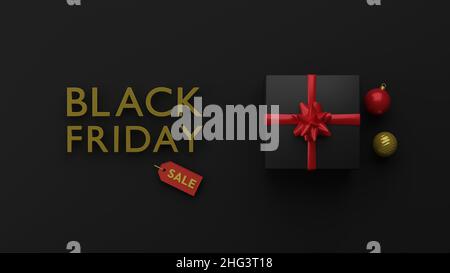 Solde du vendredi noir signe doré avec étiquette de prix boîte-cadeau et ornement boule de verre 3D illustration de rendu Banque D'Images