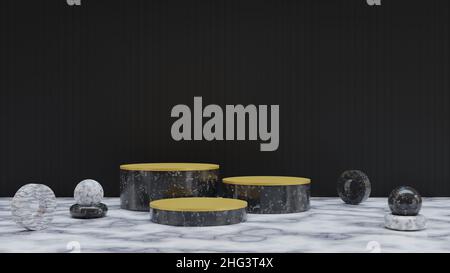 Le socle en marbre cylindrique de Mockup présente un podium sur un sol en marbre blanc objet géométrique en marbre et un mur vertical en planche sombre pour la présentation des produits Banque D'Images