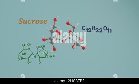 Saccharose non réducteur sucre inverti disaccharide science structure chimique et modèle 3D illustration de rendu Banque D'Images