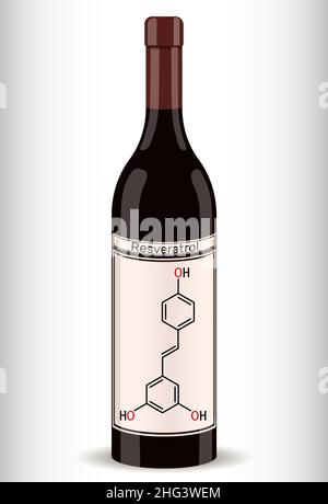 Molécule de resvératrol et bouteille de vin.Le resvératrol est le phénol naturel, la phytoalexine, antioxydant.Formule chimique du squelette.Illustration vectorielle Illustration de Vecteur