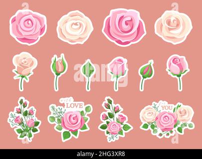 Autocollants de fleurs.Bouquet de roses, compositions décoratives roses roses.Éléments floraux pour cartes, invitations, décoration de mariage.L'amour romantique des médias sociaux Illustration de Vecteur