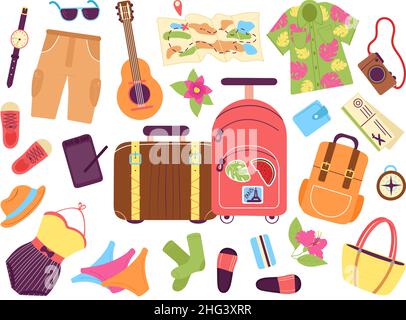 Bagages touristiques.Sacs de vacances pour voyageurs, valises de dessin animé et articles d'été.Sac de voyage, vêtements et chaussures Doodle.Kit de vecteur correct de voyage Illustration de Vecteur