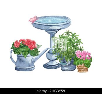 Ensemble d'aquarelles d'objets de jardin mangeoire à oiseaux, arrosoir, pot de fleurs, fleurs.Outils de jardinage.Illustration jardin de printemps Banque D'Images