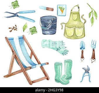 Jeu d'aquarelles d'objets de jardin tablier, bottes en caoutchouc, panier d'arrosage, pot de fleurs, chaise longue.Outils de jardinage.Illustration jardin de printemps Banque D'Images