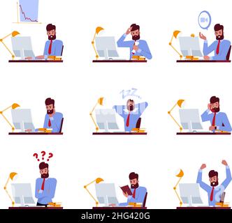 Freelance sur ordinateur portable.Lieu d'affaires avec moniteur personne assis à la table et travail professionnel lieu de travail garish collection de vecteur de plat Illustration de Vecteur