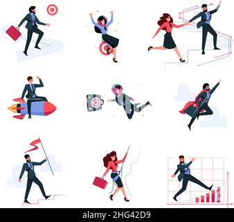 Équipe commerciale.Les responsables de carrière qui réussissent ensemble se déplacent vers les objectifs de l'entreprise escalier vers les objectifs présentent des illustrations d'entreprise vectorielles de style plat Illustration de Vecteur