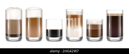 Tasses à café.Boissons chaudes délicieuses dans verres transparents boisson mousse dans mug espresso mocha americano café décente vecteur réaliste modèle Illustration de Vecteur