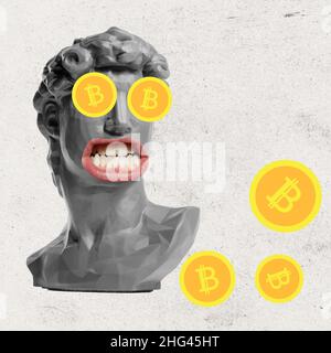 Collage d'art contemporain.Buste de l'ancienne statue avec des signes bitcoin à la place des yeux.Concept des investissements, de la crypto-monnaie, de l'exploitation minière, du commerce et des ventes Banque D'Images