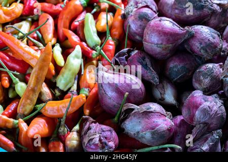 Une collection de piments et une collection d'oignons, des épices qui sont presque toujours dans les cuisines asiatiques. Banque D'Images