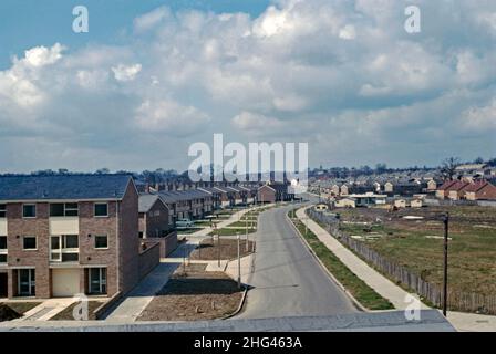 Nouveaux logements dans la région de Tilgate de Crawley 'New Town', West Sussex, Angleterre, Royaume-Uni en 1966.Le quartier, au sud du centre-ville, était l'une des 14 banlieues développées pour créer la nouvelle ville d'après-guerre.Un arrêt de bus avec la cocarde London transport sur le panneau indique que les nouveaux arrivants de Londres auraient encore quelques caractéristiques familières autour d'eux.Après la Seconde Guerre mondiale, afin de relocaliser ceux qui vivent dans des logements pauvres ou bombardés à Londres, un grand nombre de personnes et d'emplois ont été déplacés dans de nouvelles villes autour de la se Angleterre et Crawley en était une : une photographie vintage de 1960s. Banque D'Images