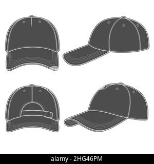 Jeu d'illustrations noir et blanc avec casquette de baseball. Objets vectoriels isolés sur fond blanc. Illustration de Vecteur