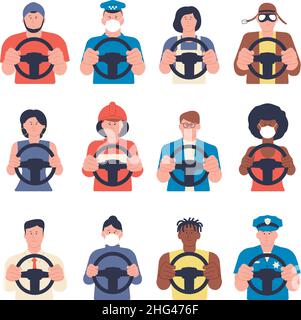 Caractères du pilote.Avatars de la police, des chauffeurs de bus et de taxi.Camion et voitures roulant, homme femme derrière le volant.Service de transport sécurisé, vecteur récent Illustration de Vecteur