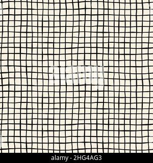 Motif tendance sans couture à carreaux dessinés à la main.Arrière-plan rayé sans fin avec des traits noirs peints à la main sur fond blanc.Monochrome élégant Banque D'Images