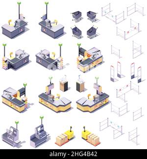 Vector Isométrique, caisse enregistreuse de supermarché.Comptoir de caisse du supermarché, système libre-service ou libre-service et autres équipements de vente au détail Illustration de Vecteur