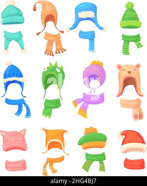 Bonnet d'hiver pour enfants.Bonnet et écharpe tricotés, chapeaux de boules avec oreilles, casquette chaude, coiffures de bébés en maille mignons, bonnets de Noël sympa pour bébés, tenue pour la neige, illustration vectorielle soignée.Chapeaux chauds pour l'hiver Illustration de Vecteur