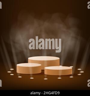 Podium avec des rayons de projecteurs pour le gagnant de la cérémonie de remise de prix avec fumée.Concept de plate-forme Gold.Illustration vectorielle Illustration de Vecteur