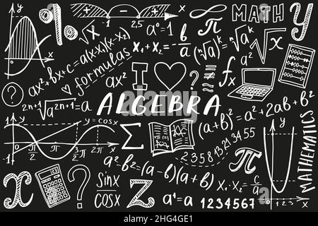 Jeu d'icônes de symboles mathématiques.Algèbre ou mathématiques sujet Doodle design.Concept d'éducation et d'étude.Retour à l'école pour ordinateur portable, pas de bloc-notes Illustration de Vecteur