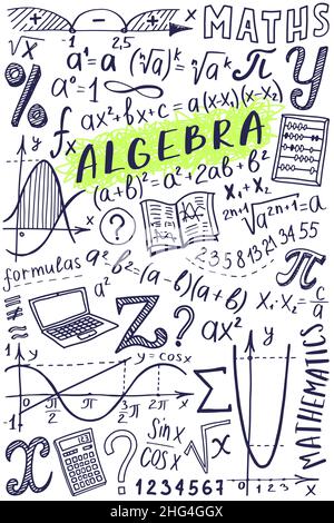 Jeu d'icônes de symboles mathématiques.Algèbre ou mathématiques sujet Doodle design.Concept d'éducation et d'étude.Retour à l'école pour ordinateur portable, pas de bloc-notes Illustration de Vecteur