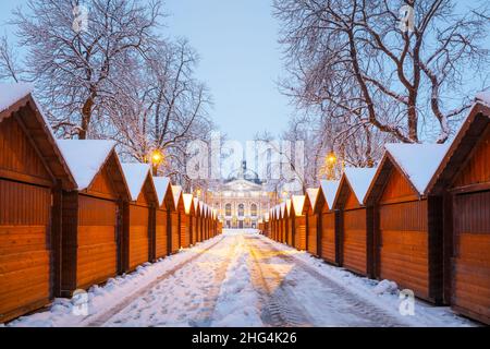 Solomiya Kruhelnytska Lviv Théâtre académique d'Etat d'Opéra et de Ballet en hiver.Kiosque en bois de la foire de Noël dans une rangée avec lumière de la ville à l'heure du matin Banque D'Images