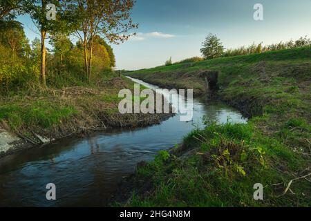 Un virage dans une petite rivière et une banque verte, vue de septembre Banque D'Images