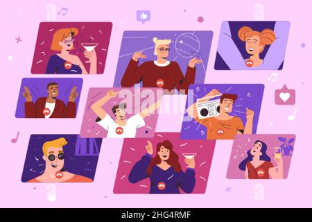 Illustration vectorielle plate de fête en ligne.Des gens heureux avec la danse au champagne et le chat en ligne.Réunion virtuelle avec des amis, anniversaire de célébration par Internet.Événement de vacances à la maison via vidéocall. Illustration de Vecteur