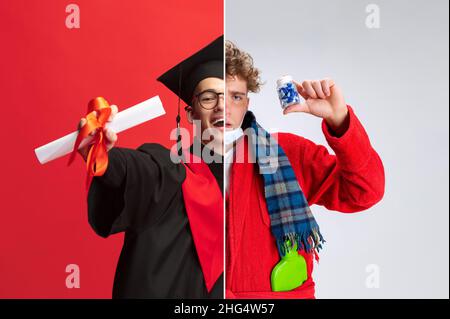 Collage de portraits en demi-visage.Jeune étudiant diplômé de boysme et garçon malade posant isolé sur fond rouge et gris Banque D'Images