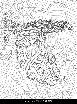 Giant Hawk Spreading Wings in Sky with Detailed Line Drawing Background Pattern Coloring Book Illustration de Vecteur