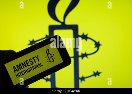 Rheinbach, Allemagne 7 janvier 2022, le logo de la marque « Amnesty International » sur l'affichage d'un smartphone (en particulier le logo de la marque) Banque D'Images