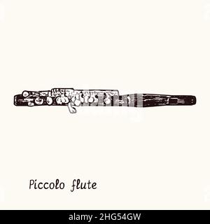 Flûte Piccolo.Dessin d'une boisée noire et blanche avec inscription. Banque D'Images