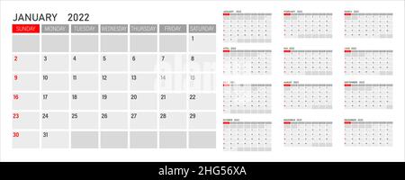 Calendrier mensuel pour 2022.La semaine commence le dimanche Illustration de Vecteur