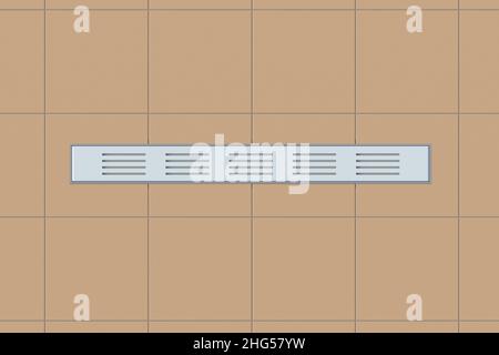 Long drain de douche rectangulaire avec grille en acier inoxydable dans la salle de bains au sol avec carreaux de céramique.Vue de dessus.3d rendu Banque D'Images