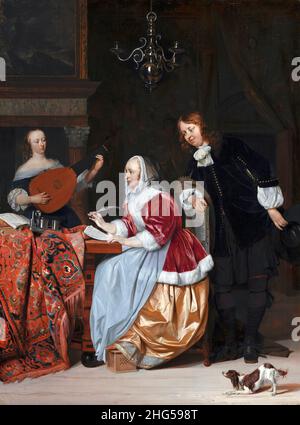 Une jeune femme composant une pièce de Musicby l'artiste néerlandais Gabriël Metsu (1629-1667), huile sur panneau, c.1664 Banque D'Images